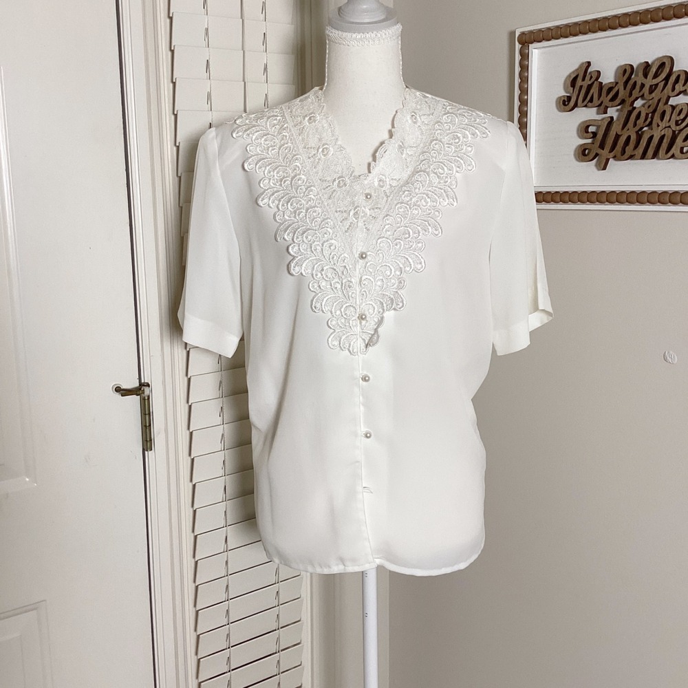 Kathy Che Vintage Lace Blouse Women 8 White Coquette Cottagecore Romantic Office